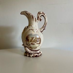 Courier and Ives Enesco The Homestead in Winter brown and white pottery pitcher
